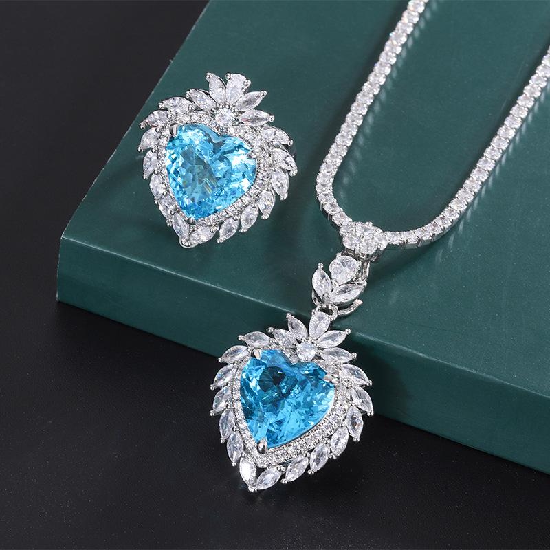Jewelry Copper Bottom Gold-Plated Simulation Topa Blue Love Pendant Ring Set Main Stone 15 * 15