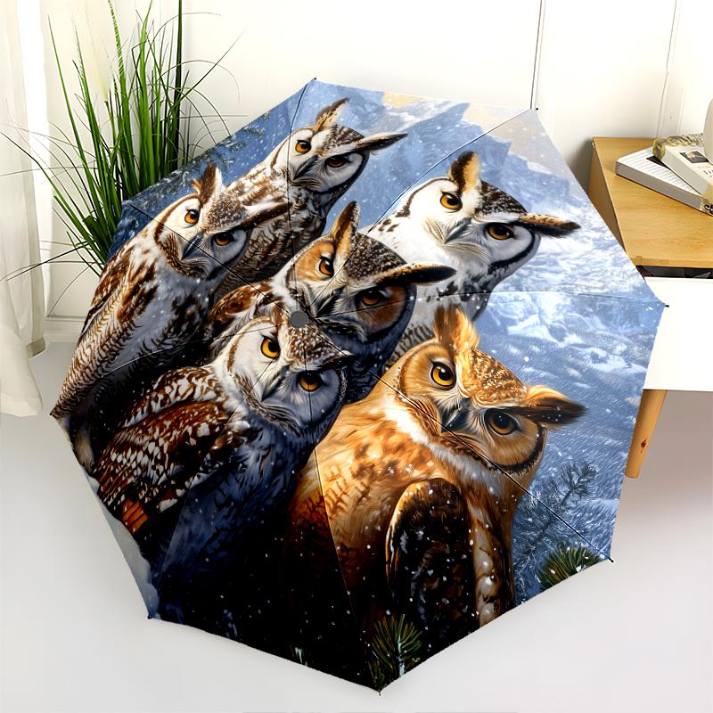 Motivo Gufo e Neve, ombrello pieghevole automatico, design portatile e pieghevole, 8 stecche, un regalo di Natale o di compleanno.