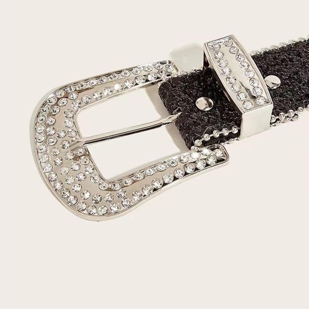 Bling Bling Sparkly Dance [Lamerry] Belt, Belt, Y2K, Gal, Flashy, Rhinestone, Studs, Costume, 113cm, Women's/Men's (Black)