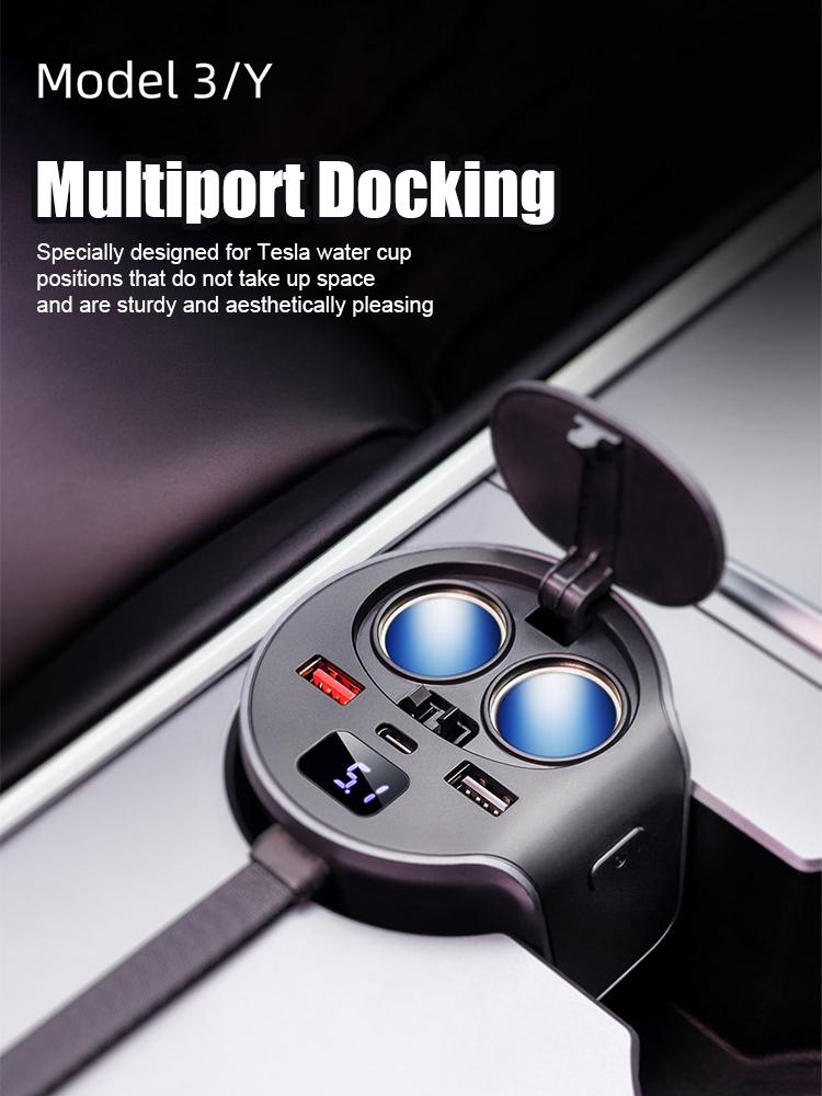 For Tesla Model 3 Model Y 65W Quick Charger USB Shunt Hub Intelligent Docking Station Car Adapter Powered Splitter Extension
