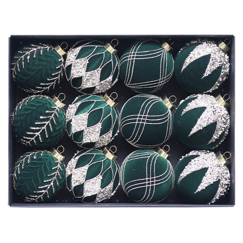 

12pcs 8cm Flocking Christmas Balls Set Plastic Christmas Tree Ornaments Party Favors темно-зеленого