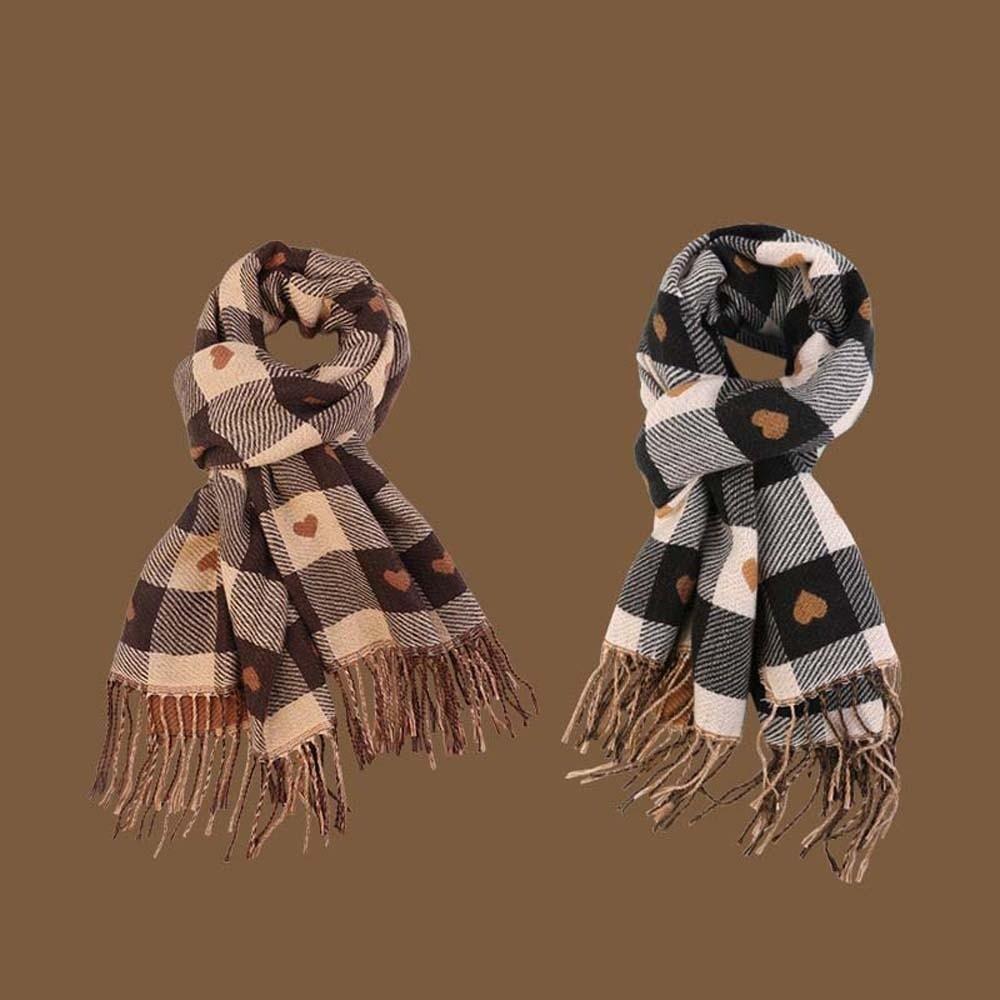 Acrylic Fibers Heart Thickened Scarf Warmer Tassel Shawl Large Plaid Knitted Scarf Men