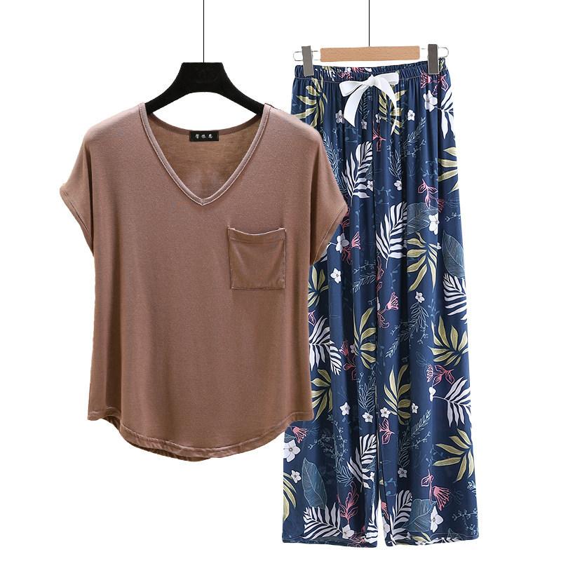 

V Neck Pocket Tshirt with Floral Wide Leg Pants Summer women s loose Pajamas set Fashion homewear suit Soft loungewear Comfort outwear All match 2XL