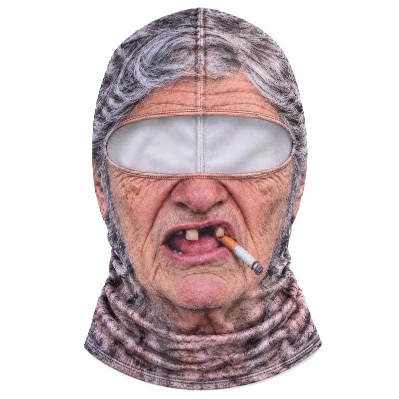 Maschera Facciale Traspirante a Copertura Totale con Stampa 3D di Vecchio, Fori per gli Occhi Bianchi, Baffi Bianchi, Maschera da Sci Elastica con Cappuccio