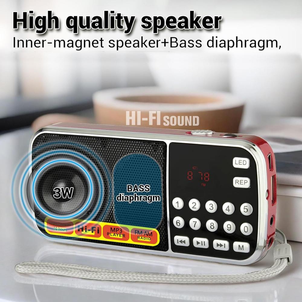 Kleine Radios, tragbar, AM FM, unterstützt MP3-Wiedergabe über USB-Flash-Disk/Micro-SD-Karte, digitale Tasten, Bassmembran-Taschenradio mit ausgezeichnetem Empfang