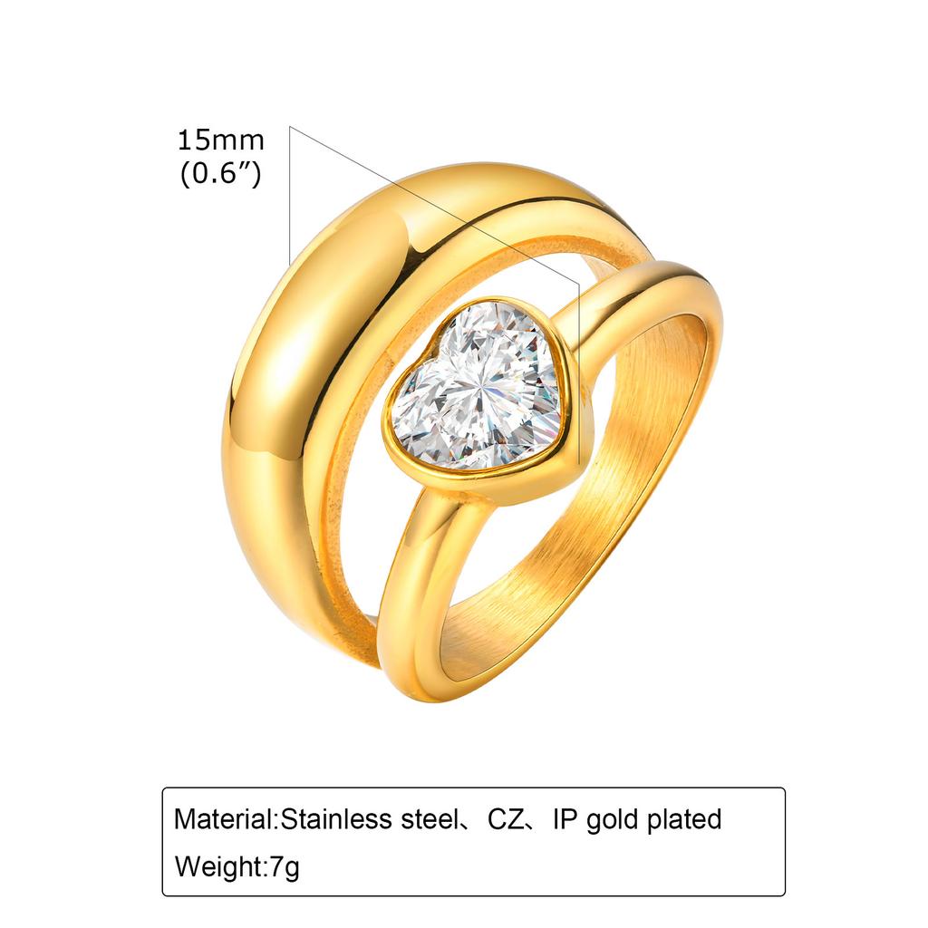 Double Layer Chunky Ring for Women, Gold Plated Stainless Steel, High Polish Statement Band Radial Ring