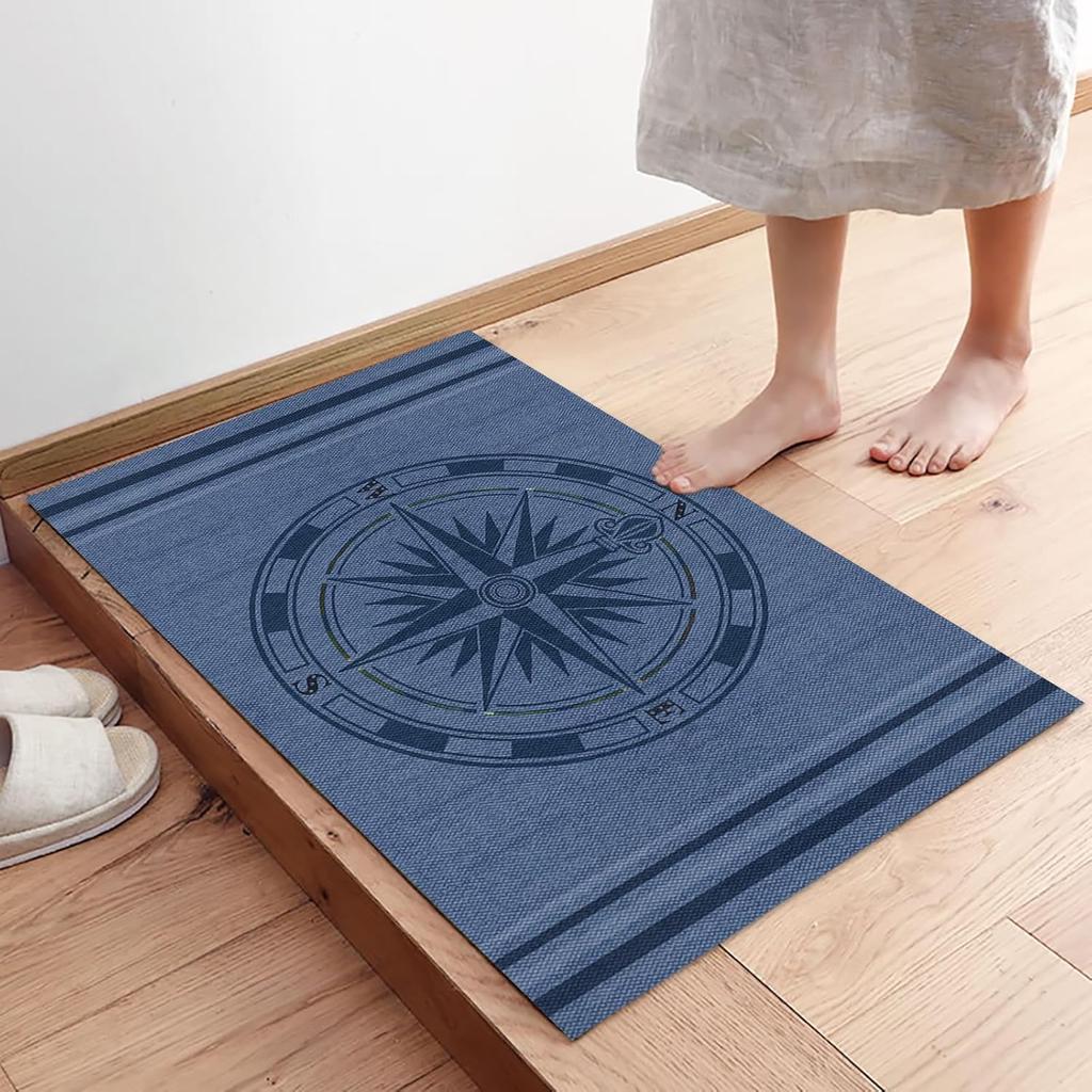 Tapete de Porta Interno Bússola Náutica - 20"x31.5", Tapete de Boas-Vindas Antiderrapante para Pátio, Tapete Azul Marinho Listrado Bússola Costeira para Entrada, Perfil Baixo