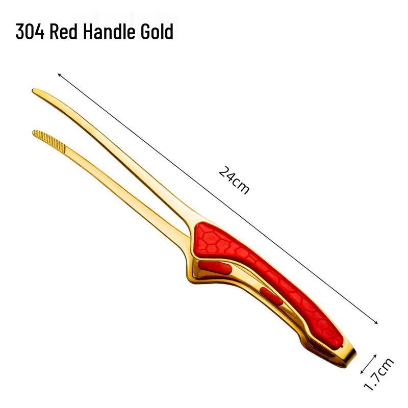 Gold Stainless Steel Korean BBQ Tongs with Green Rubber Handle, Japanese Restaurant Style Grilling Tongs for Steak and Food.