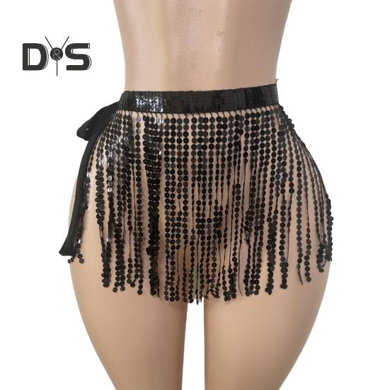 

Спідниця з китицями з блискітками танець живота Блискуча міні-спідниця Шарф з бахромою для рейв-фестивалю Клубний одяг Костюм для вечірки чорний
