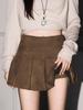 Women's Black Deerskin Velvet High-Waisted Slimming A-Line Mini Skirt with Anti-Exposure Pleats - Autumn/Winter Casual Skirt Pants
