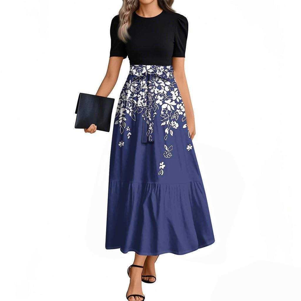 Women's Fashion Casual Belted Short Sleeve Round Neck Geometric Splicing Elegant Temperament Dresses