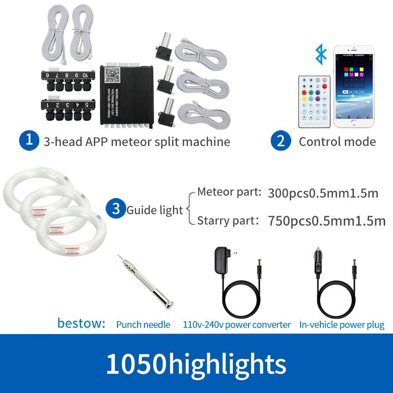 12V Car Starry Sky Ceiling Fiber Optic Modification with App Bluetooth Control, Full Sky Star Panoramic Sunroof Split-Line Light Source Device, White Host1050Opticalfiber