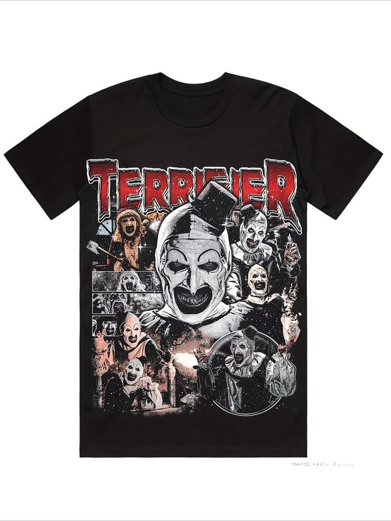 The Terrifier MenS Horror Movie Graphic TShirt Black Tee with Red White Clown Design Casual Short Sleeve Shirt