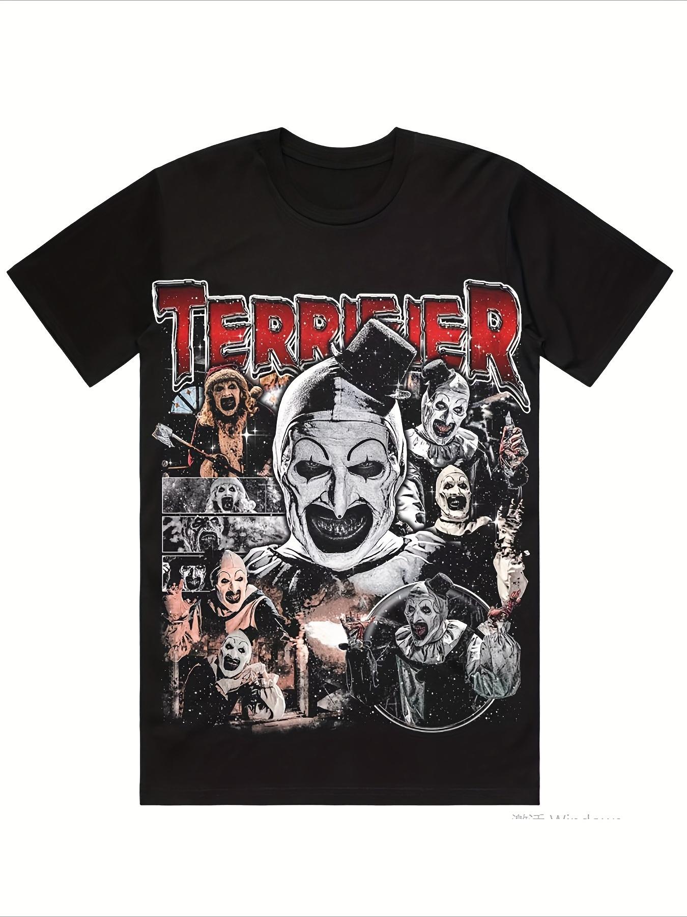 The Terrifier MenS Horror Movie Graphic TShirt  Black Tee with Red  White Clown Design  Casual Short Sleeve Shirt S