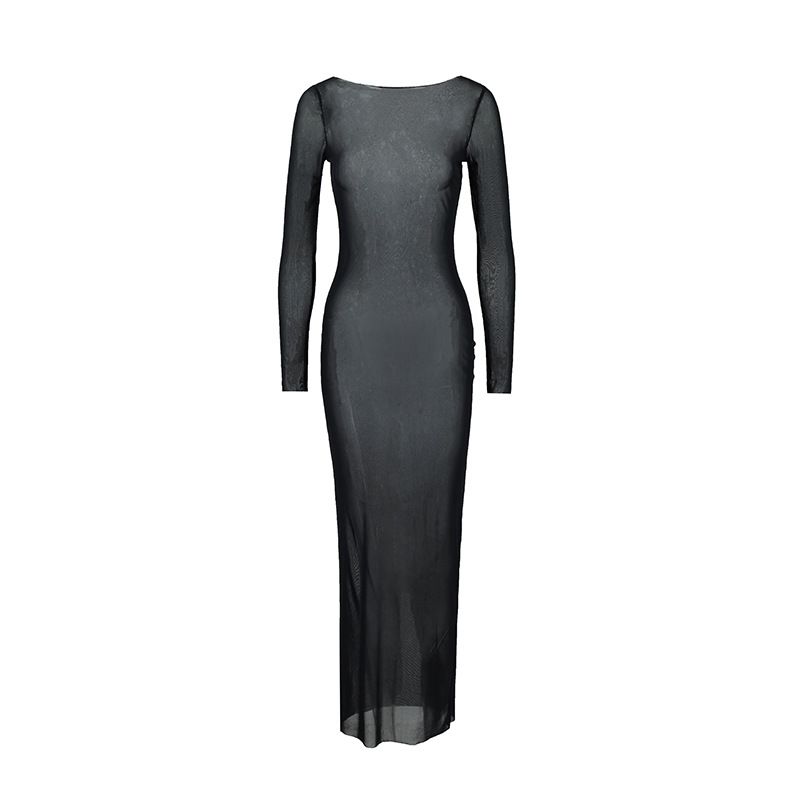 

Fashion Wind Slim and Ultra-Thin Sheer Mesh Long Sleeves Long Dress Beach Sexy Temptation Bikini Smock Dress Black L
