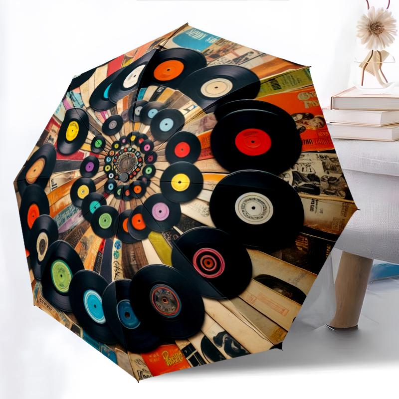 1PC Music Records Umbrella Portable Folding Umbrella Iron Frame Hole Bone Structure Outdoor Home Umbrella A7