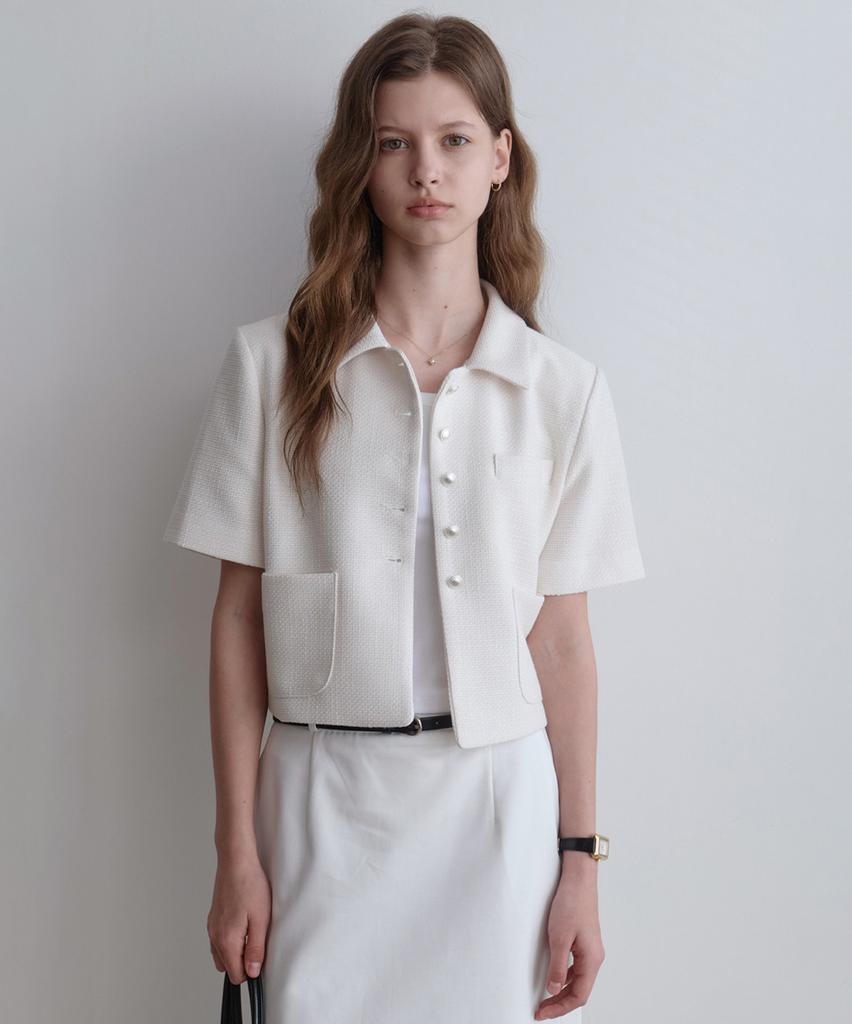 LENAV Esy Collared Tweed Short Sleeve Jacket (Ivory)