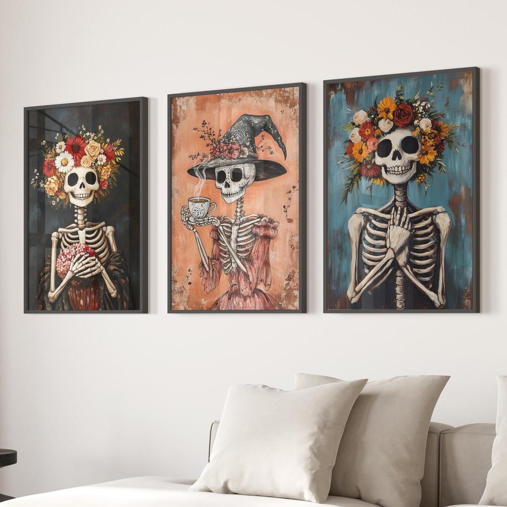 3Pcs Floral Skeleton Wall Art,Vintage Witch Coffee Canvas Prints,DarkFall Halloween Wall Arts,Farmhouse Home Decor Holiday Gifts