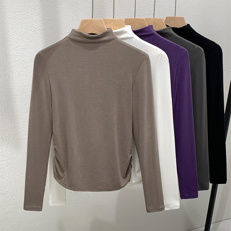 

Semi-turtleneck bottoming shirt women s 2025 autumn and winter new women s clothing design sense long-sleeved T-shirt pleated waist top XL