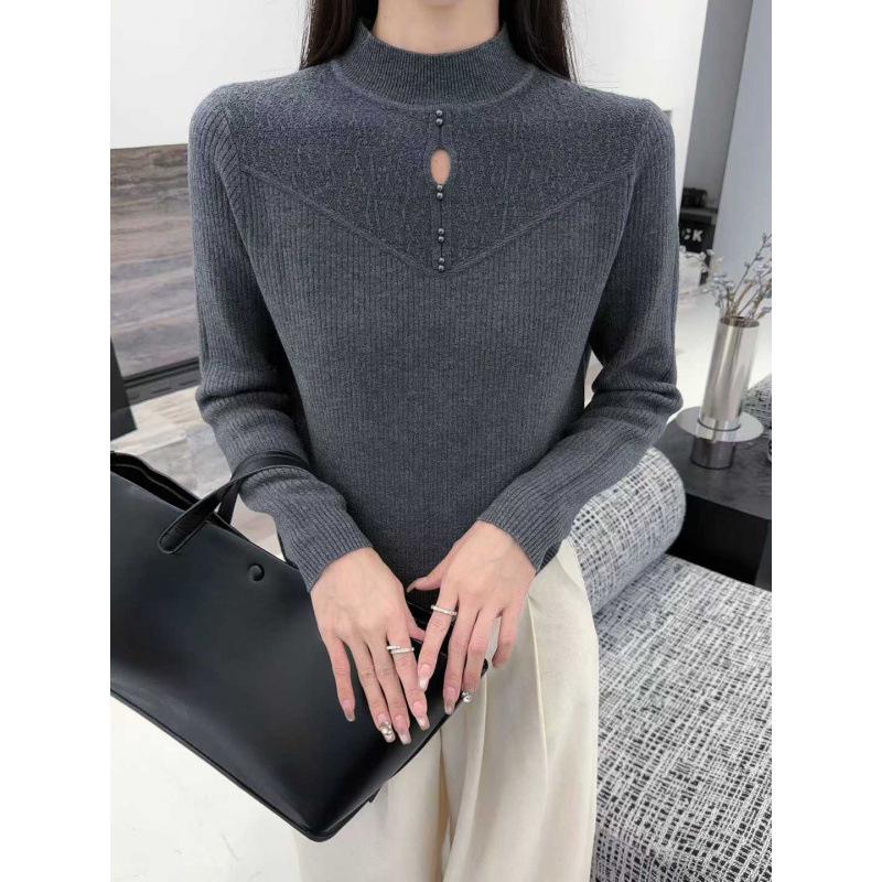 

Pearl Crew Neck Knit Base Layer Top for Women - Stylish Hollow-out Design for Autumn/Winter L серый