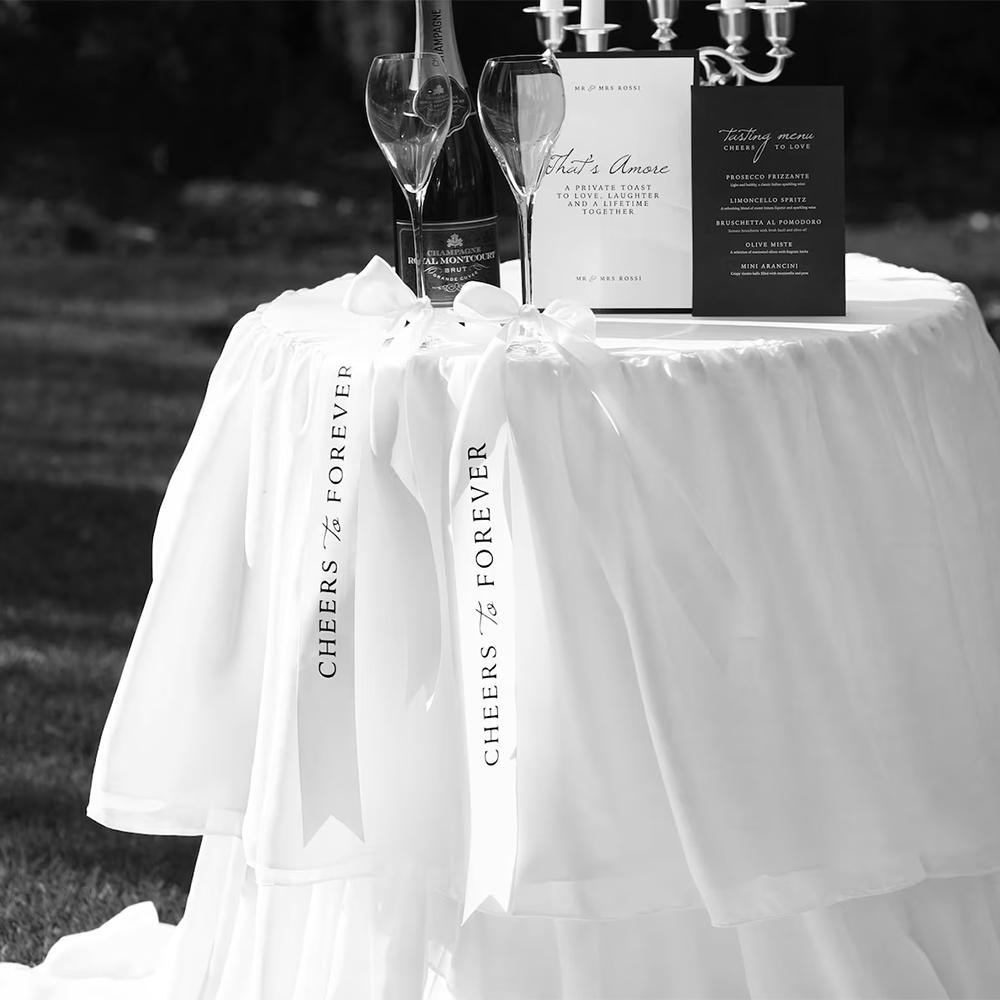 2Pcs Cheers To Forever Wedding Ribbon Wedding Chair Decor Satin Ribbon Champagne Bottle Tie Bride & Groom Tag Reception Ribbons