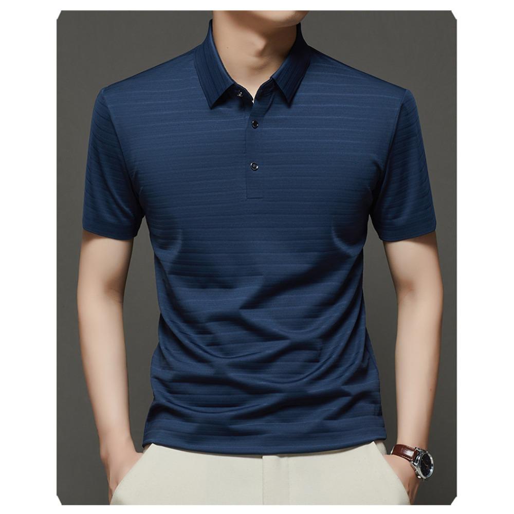 Seamless Stretch Short-Sleeved Polo Shirt for Men – Lightweight, Cooling Ice Silk, Loose-Fit Collared T-Shirt for Middle-Aged Men