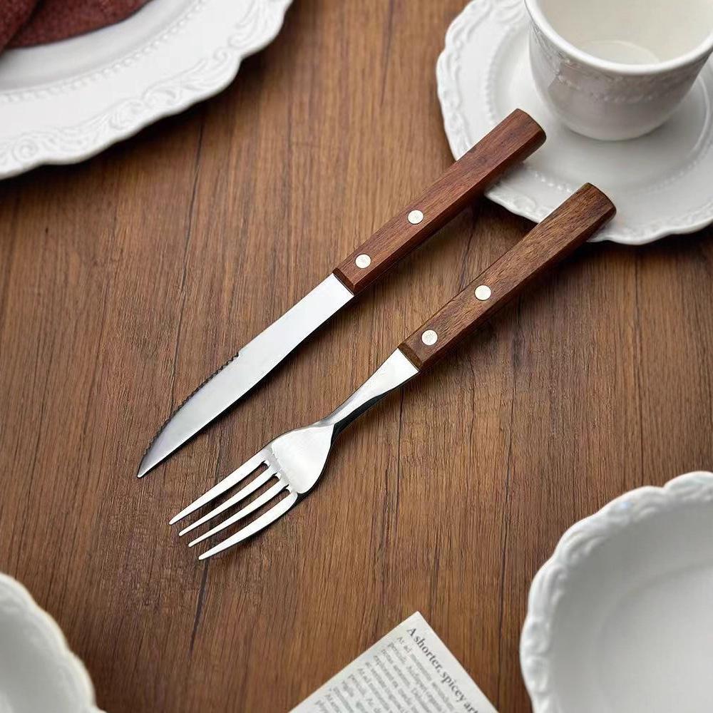 Rosewood Handle 304 Stainless Steel Cutlery Set: Knife, Fork, Spoon, Tea Spoon, and Steak Knife.