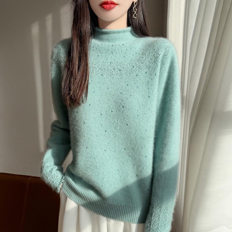 Women's 100% Pure Wool Sweater, Rolled Hem, Half-High Collar, Double-Ply, Thickened Knit, Rhinestone Inlaid, New Autumn/Winter Style
