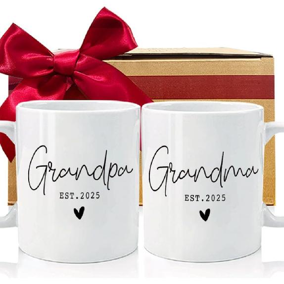 EST 2025 Grandpa Grandma Mugs Set Gifts for New Grandparents, EST 2025 First Time Grandpa Grandma Gift, Valentine Pregnancy Reveal Announcement Mug