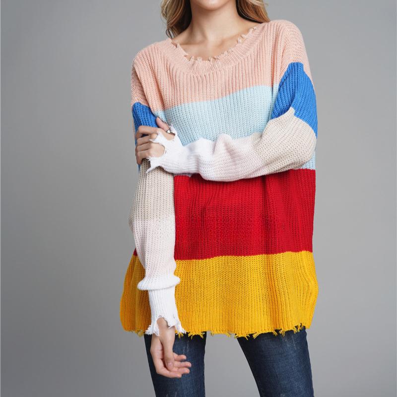IHUASU Autumn and Winter Women's Knitwear V-neck Pullover Loose Rainbow Jumper