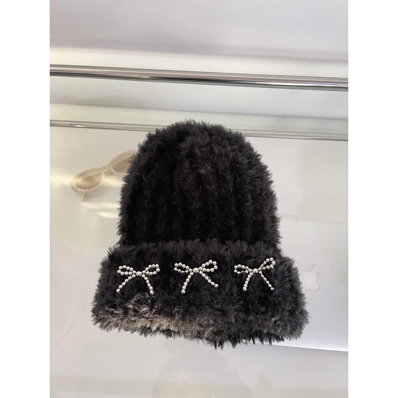 

Корейская стильная плюшевая шапка-бант для женщин на осень и зиму, утолщенная, теплая, мягкая, восковая, вязаная шапка, плюс бархат, милый носок M（56-58cm）