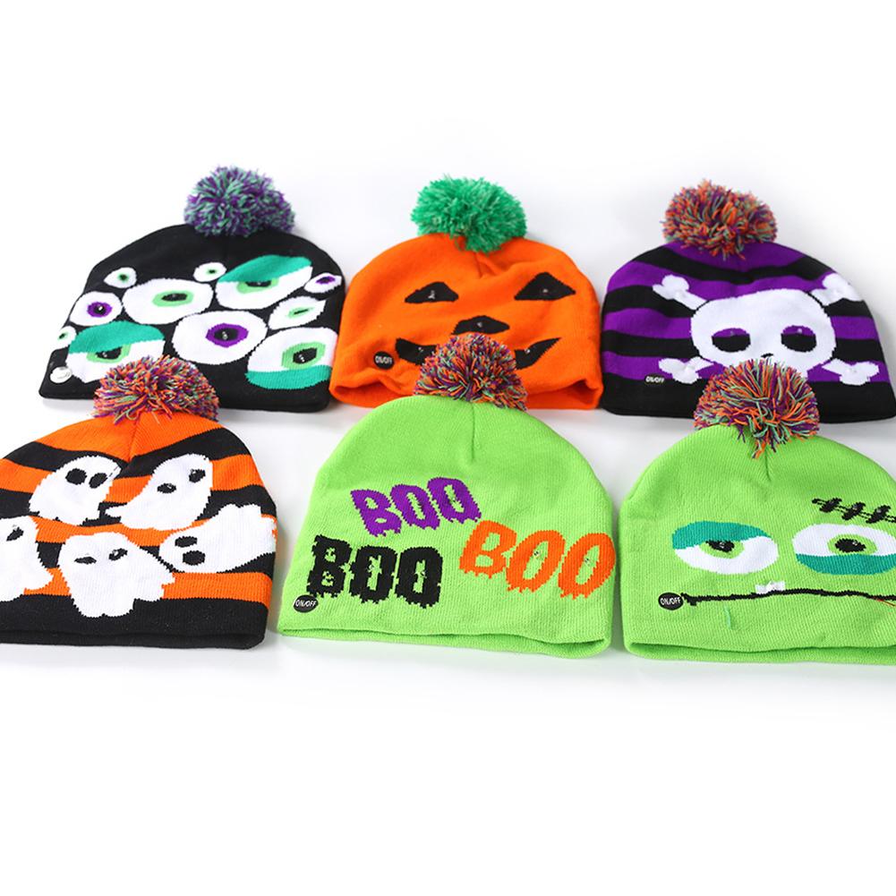 Halloween Pumpkin Ghost Knit Hat with Light Stretchable Unisex Adults Kids Children
