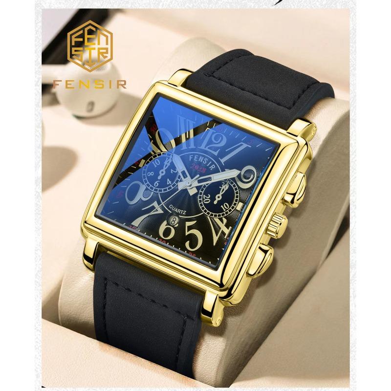 Square Dial, Leather Strap, Men's Waterproof Luminous Calendar Gift Watch