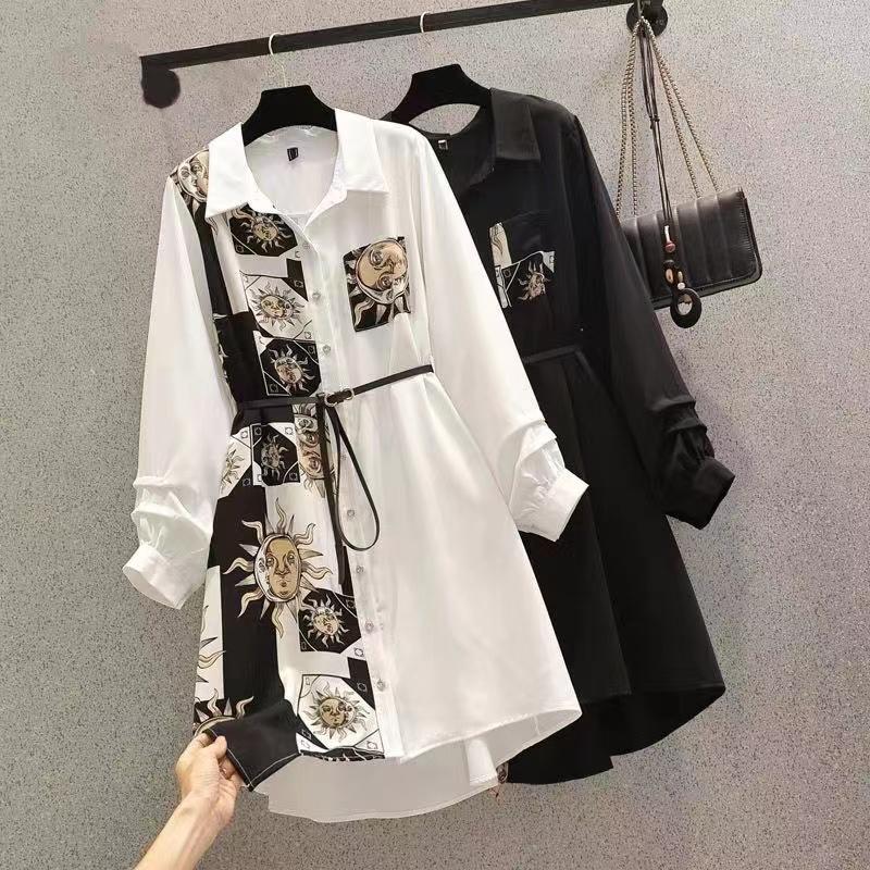 Met Een Riem Nieuw Modeontwerp Smalle Slanke Minderheid Middellange Lange Jurk Dames Nieuwe Lente Zwart Wit Student