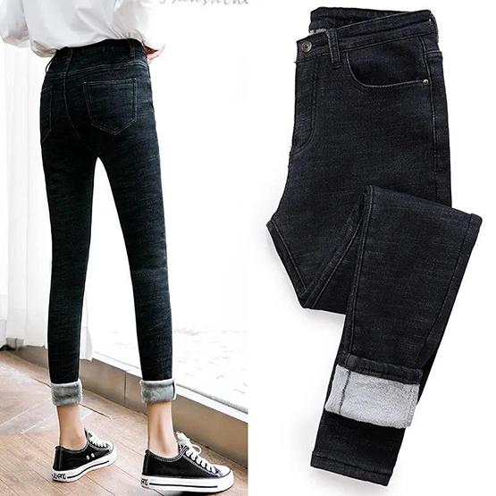 Winter Plush Thickened High Waist Jeans Women's Black and Blue Slim Leggings Casual Elastic Long Pants