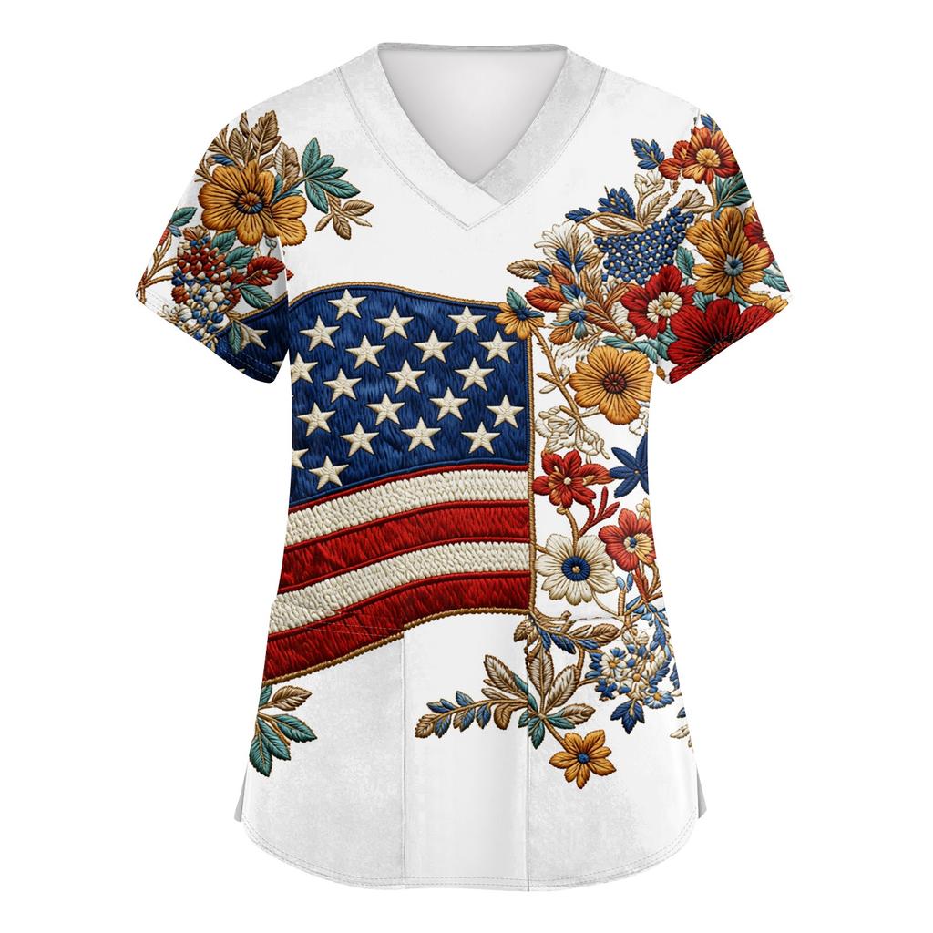 Women's Short-Sleeve Independence Day Print V-Neck Pocket Workwear Top