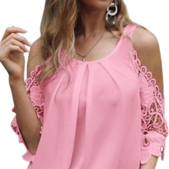 T-shirt spetsar med ihålig ärm, enfärgad off Shoulder-blus för kvinnor för dagligt bruk