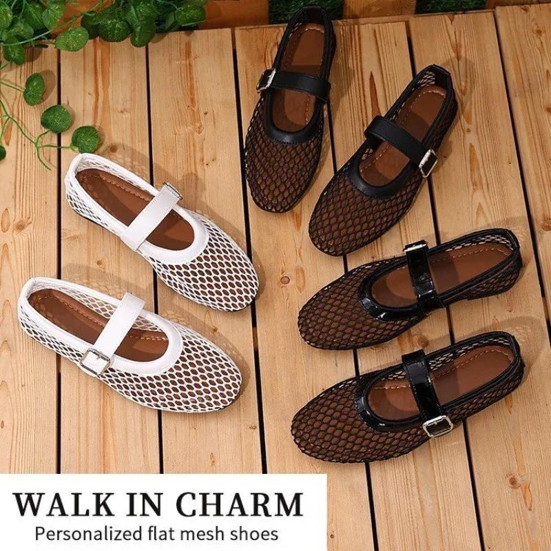 Large Fish Mesh Hollowed Out Mesh Toe Cap Sandals for Women 2025 New Flat Bottomed Straight Button Mary Jane Shoes Heels Women