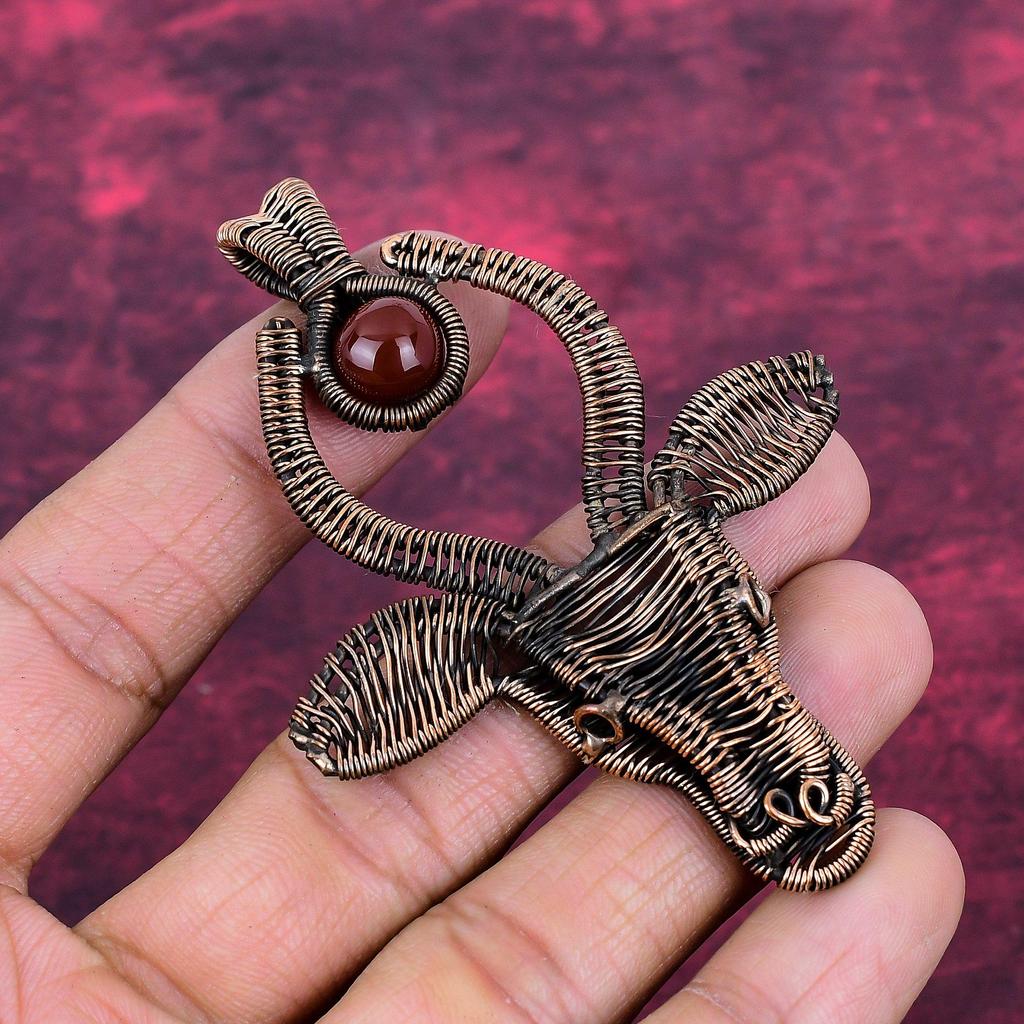 Carnelian Gemstone Pendant Copper Wire Wrapped Cow Face Pendant Handmade Jewelry