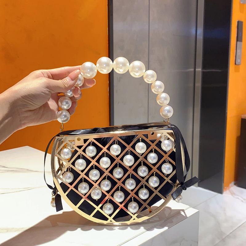 Stylish and Simple Beaded Pearl Bag Dinner Bag Hollow Semicircular Handbag Metal Bucket Bag