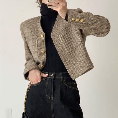 Damen Frühling Französischer Stil Elegant Kurzer Mantel Tweed Langarm Jacke