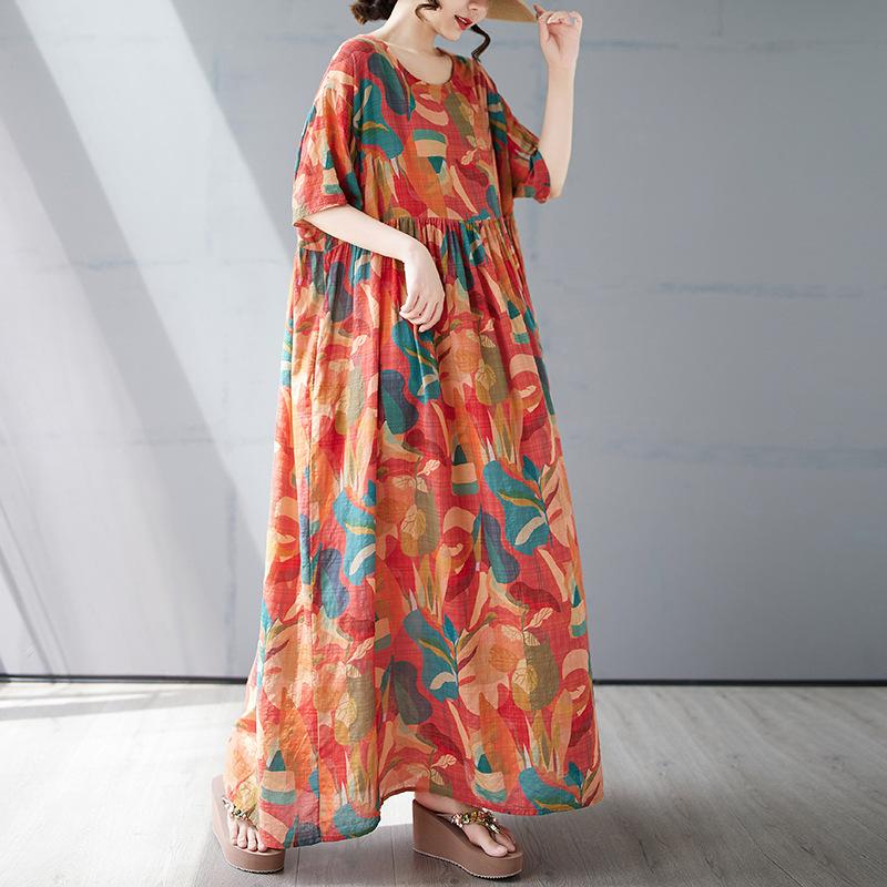 

Летнее новое простое богемное длинное платье, расширенное и увеличенное, с короткими рукавами и круглым вырезом, с принтом, женская одежда One Size