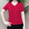 Women's Red V-neck Short Sleeve Blouse Floral Jacquard Casual Top