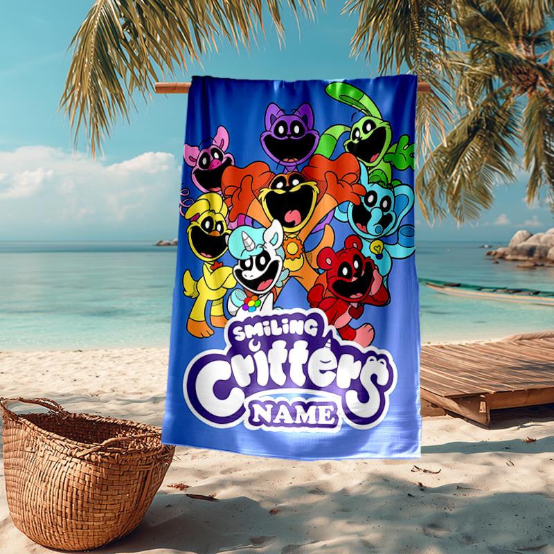 Custom Name Ultra-Soft Beach Towel with Smiling Critters Theme,Ideal for Pool - Camping, Diving - Perfect Travel Essential, Vibrant Beach Towel.