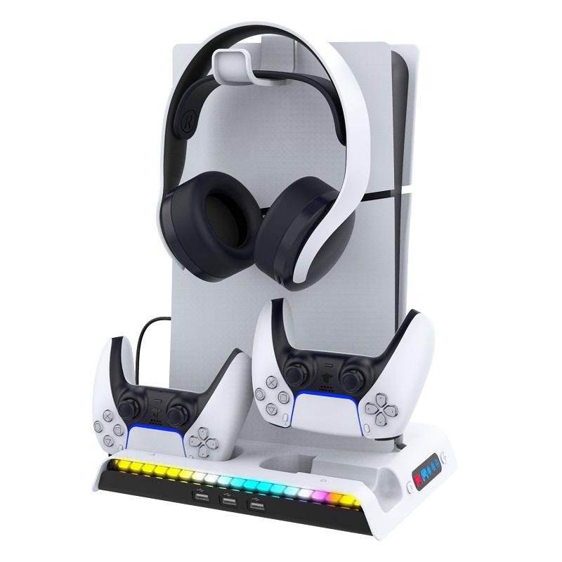 Charging Stand for NEW PS5 Slim Cooling Fan Station for DualSense/Edge Controller with RGB Light Headset Hook 3 USB Hubs