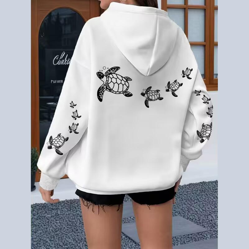 Ladies Spring Autumn Casual Hooded Long Sleeve Big Pocket Sea Turtle Printed Pullover Hoodies Sweatshirt Top