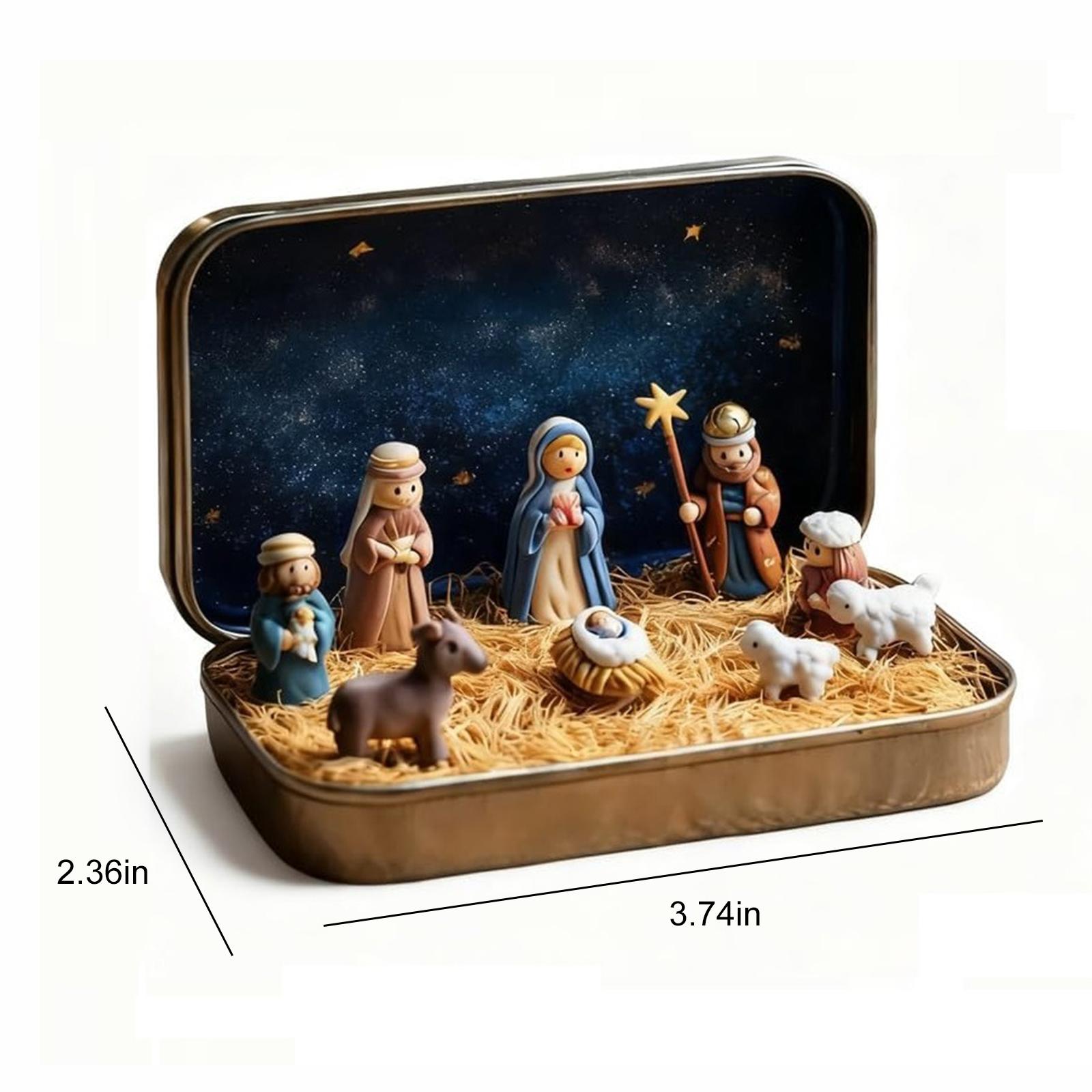 Портативный карманный набор для украшения Рождественского вертепа Мини-набор Рождественского вертепа в жестяной коробке для стола, полки, офиса или в качестве декора для путешествий
