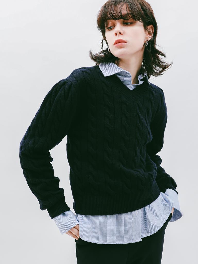 LOSSYROW Puff Twist V Neck Knit Navy