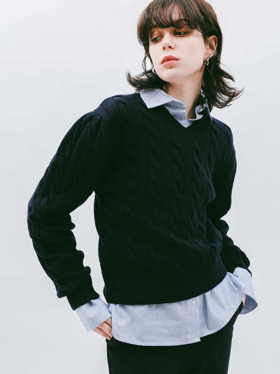 Rosiro Puff Twist V Neck Knit Navy Free