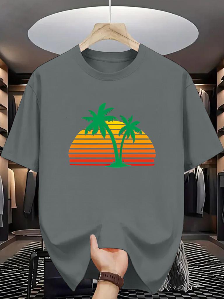 Unisex White Tee Retro Sunset Palm Tree Tropical Beach Graphic Print Crew Neck Short Sleeve Summer Casual Male Cotton Street Top